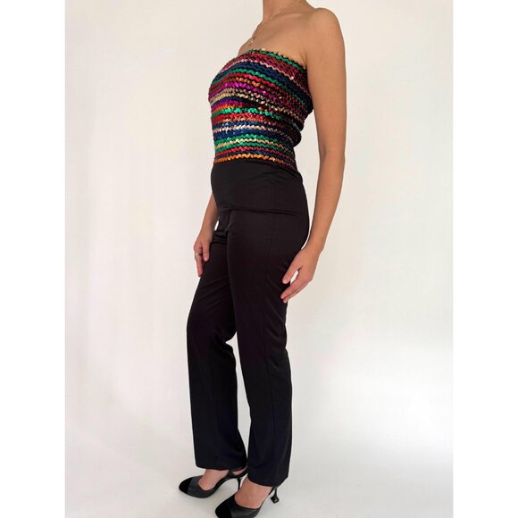 70s vintage black rainbow sequin disco festival strapless tube top pant jumpsuit - Picture 2 of 10